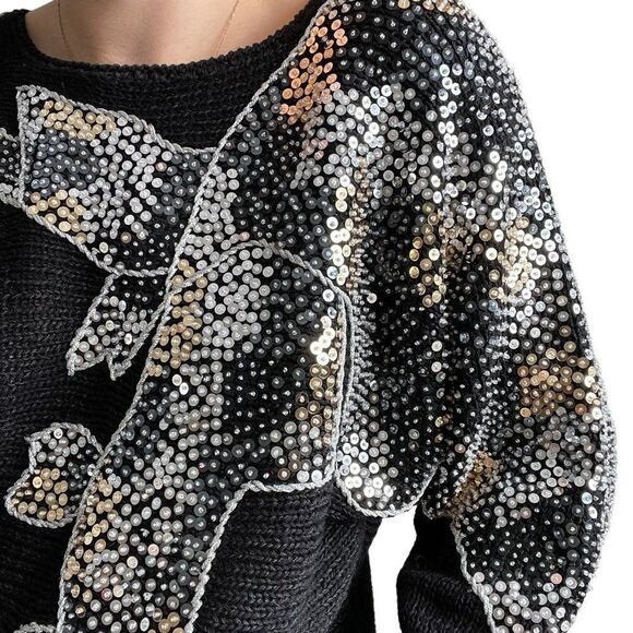 Vintage 80s Womens Black Metallic Sequen Hand Knit Retro Disco Sweater Sz M - Picture 8 of 10